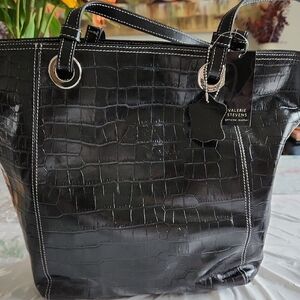 Valerie Stevens Black Croc-Embossed Tote Bag
